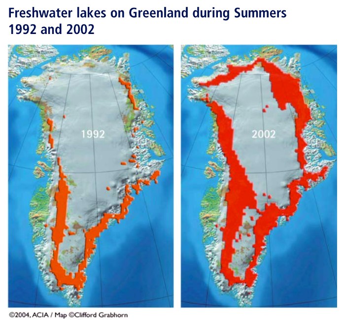 Fig. 1: Freshwater lakes on Greenland during Summers 1992 and 2002.