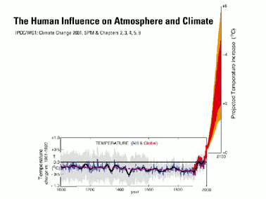 Abb. 2: Die Temperaturen könnten sich im 21. Jahrhundert um bis zu 5°C erhöhen (IPCC, 2001)